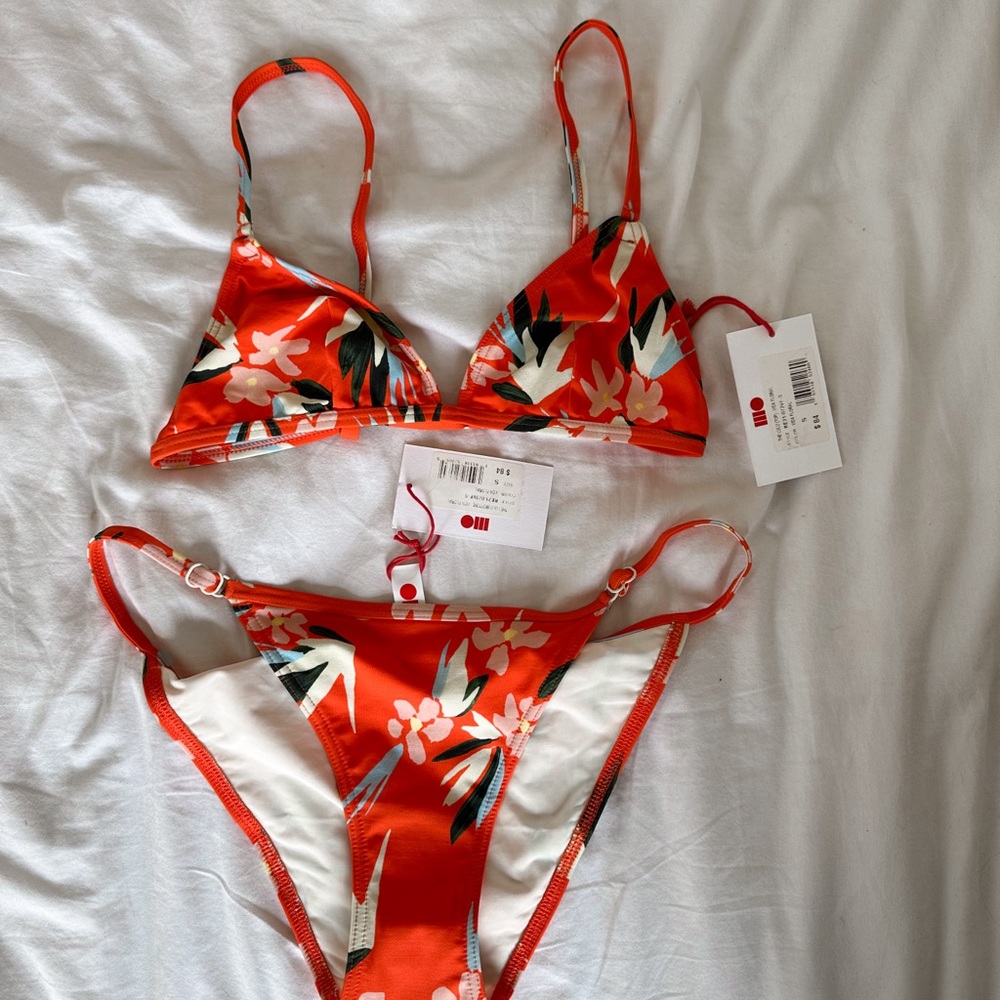 Orange Tropical Solid & Striped Bikini Size Small